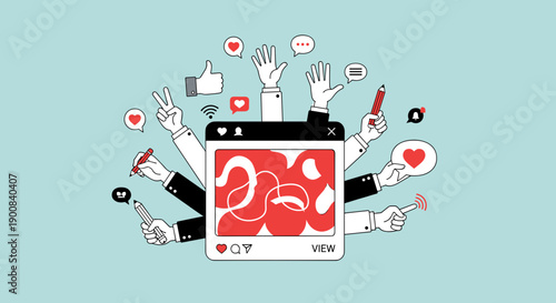 Social Media Engagement Illustration with Likes, Shares, and Content Interaction