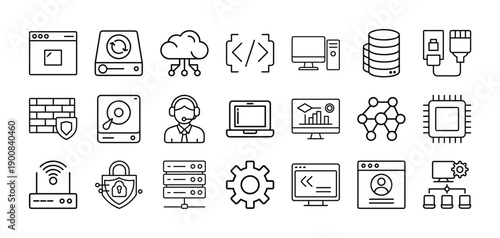 Outline Information Technology Icon Set in Line Art Style for Computers, Networking, Data Management, Cloud Services, and Digital Interface Design