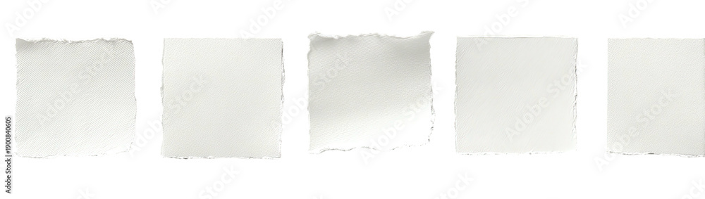 Obraz premium Five torn paper rectangles on black background, uneven edges, white paper, isolated