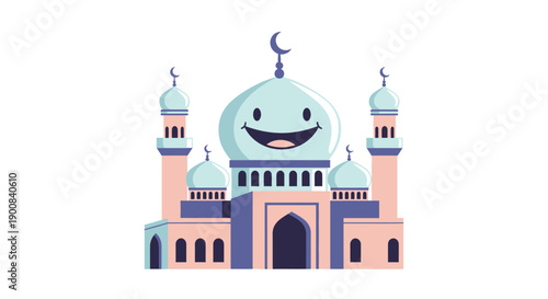 A cheerful and friendly cartoon mosque illustration with a smiling face on its main dome, featuring light blue and pink colors, minarets, and a crescent moon.