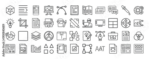 Outline Graphic Design Icon Set in Line Art Style for Creativity, Layout, Typography, Illustration, and Digital Interface Design