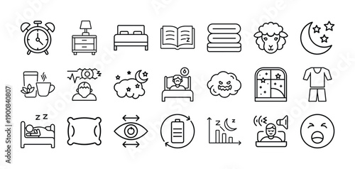Outline Sleep Icon Set in Line Art Style for Bedtime, Relaxation, Night, Dreams, and Digital Interface Design