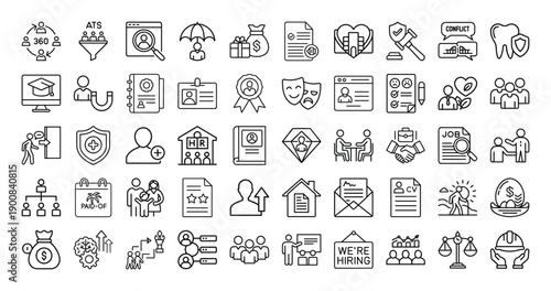 Outline Human Resources Icon Set in Line Art Style for Recruitment, Employee Management, Payroll, Training, and Digital Interface Design
