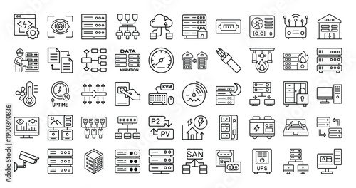 Outline Data Center Icon Set 50 in Line Art Style for Servers, Networking, Cloud Storage, Database Management, and Digital Interface Design