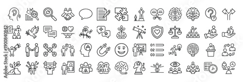 Outline Soft Skills Icon Set in Line Art Style for Communication, Leadership, Teamwork, Problem Solving, and Digital Interface Design