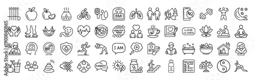 Outline Wellness Icon Set 56 in Line Art Style for Fitness, Meditation, Spa, Yoga, Self-care, and Digital Interface Design