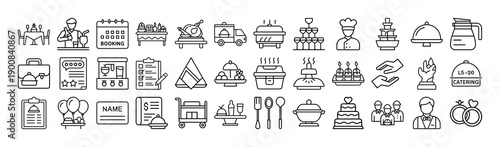Outline Catering Icon Set 36 in Line Art Style for Event Catering, Buffet, Chef, Food Presentation, and Digital Interface Design