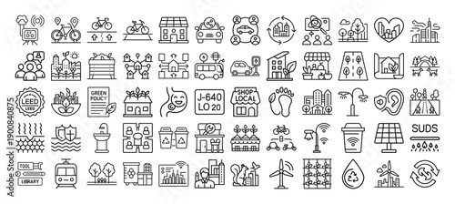 Outline Green City Icon Set 60 in Line Art Style for Eco-friendly Urban Planning, Renewable Energy, Parks, and Digital Interface Design