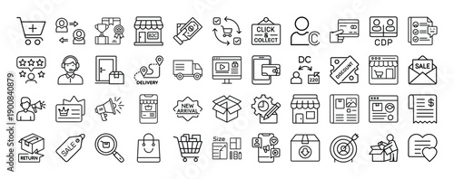 Outline B2C Icon Set 44 in Line Art Style for Business-to-Consumer Marketing, Sales, Customer Engagement, and Digital Interface Design