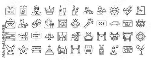 Outline VIP Icon Set 44 in Line Art Style for Exclusive Membership, Priority Access, Premium Services, and Digital Interface Design
