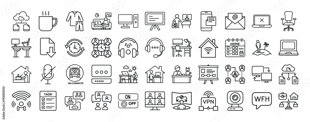 Obraz premium Outline Working from Home Icon Set 44 in Line Art Style for Remote Work, Home Office Setup, Online Meetings, and Digital Interface Design