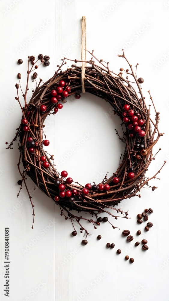 Fototapeta premium Rustic Twig Wreath with Red Berries Hanging on White Textured Wall