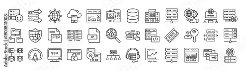 Outline Web Hosting Icon Set 36 in Line Art Style for Cloud Services, Domain Management, Server Administration, and Digital Interface Design