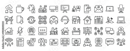 Outline Working from Home Icon Set 44 in Line Art Style for Remote Work, Home Office Setup, Online Meetings, and Digital Interface Design