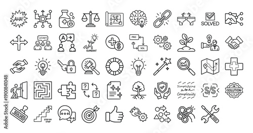 Outline Solution Icon Set 50 in Line Art Style for Strategy, Innovation, Business Solutions, and Digital Interface Design