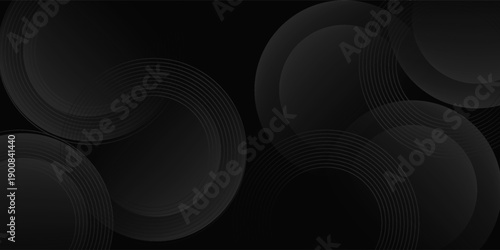 Dark black background abstract 3D geometric with circle line wave effect decoration.