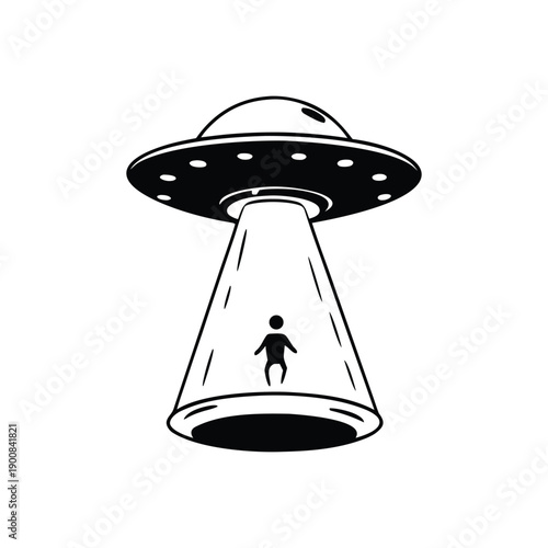 Minimalist black and white UFO abduction illustration, flying saucer emitting light rays vector style
