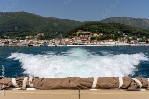 parga greece view inside a speedboat while sailing to the open sea