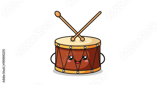 A cute cartoon brown drum with a kawaii face and drumsticks on a white background, perfect for children's themes.
