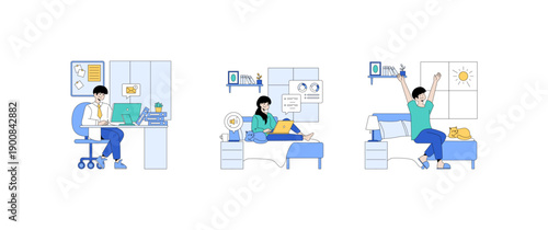 Daily Routine in Home Office Vector Illustration Set