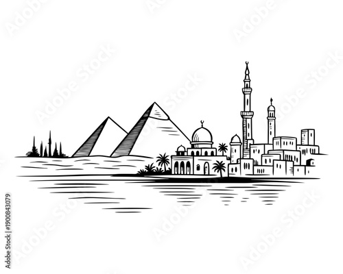 Egyptian skyline doodle with pyramids, mosque, and buildings, concept travel, vector illustration for greeting card, banner, poster