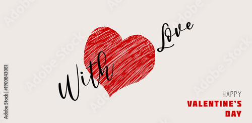 Vertical banner for Valentine's Day. Red heart drawn by hand with a pencil and the inscription “Happy Valentine's Day.” Vector illustration.