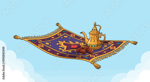 A vibrant purple magic carpet with golden tassels flying in a blue sky, carrying a decorative golden teapot and a small pile of dates.