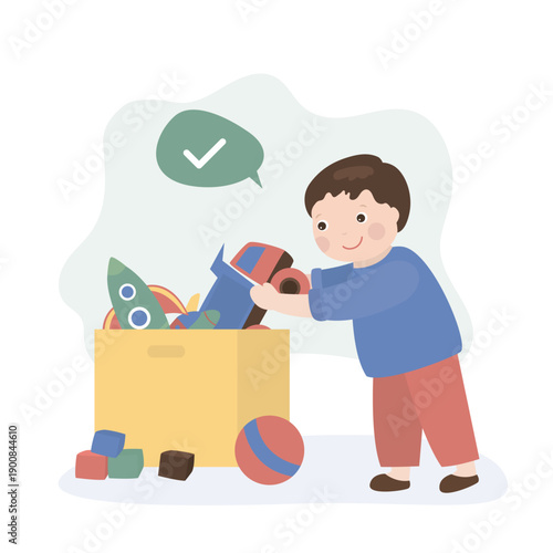 Happy cute child picking toys into box. Little kid boy playing with toys. Household, small kid helper with various items.