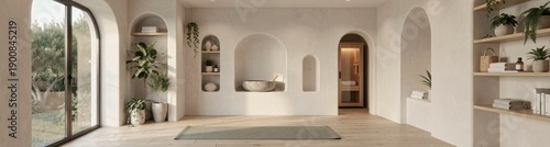 Serene minimalist yoga studio with natural light and earthy tones