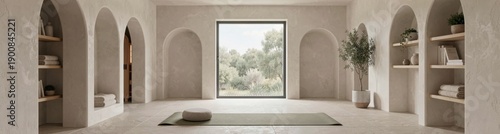 Minimalist yoga studio with arched shelves and large window overlooking nature