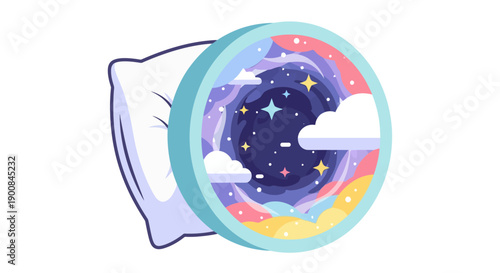 Dreamscape pillow portal, a gateway to a starry, cloud-filled night sky for restful sleep and imaginative journeys