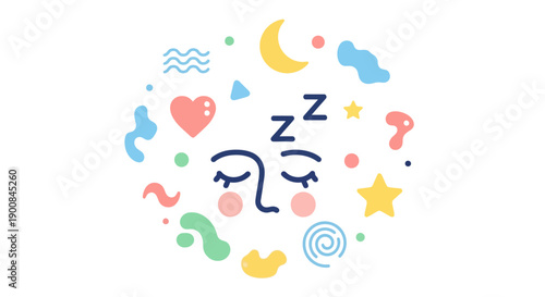 Dreamy night illustration of a serene face with closed eyes, encircled by whimsical stars, moon, and soft pastel elements, symbolizing peaceful sleep and restful dreams