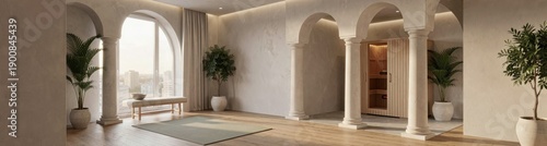 Elegant modern interior with arched windows, columns, and wooden floor in sunlit room