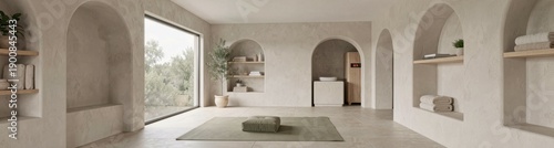 Serene minimalist yoga studio interior with natural light and soft beige tones