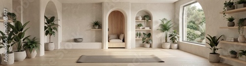 Minimalist yoga studio with indoor plants and wooden decor