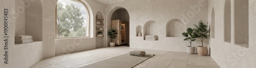 Serene minimalist home spa with sauna and yoga mat in bright room