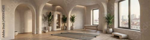 Serene minimalist yoga studio with soft arched design and city views