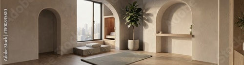 Minimalist modern interior with arched alcoves and city view