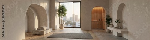 Serene minimalist yoga studio with natural light and modern decor
