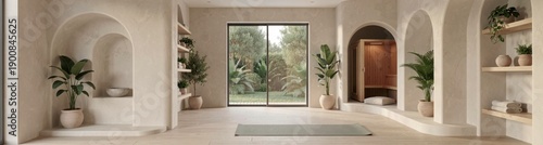 Serene modern yoga room with indoor plants and large window overlooking garden