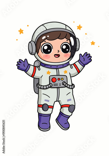 Adorable cartoon astronaut floating in space with stars, wearing a spacesuit, smiling happily