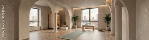 Spacious modern interior with arched doors and city view