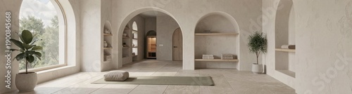 Serene yoga studio with minimalist design and natural light