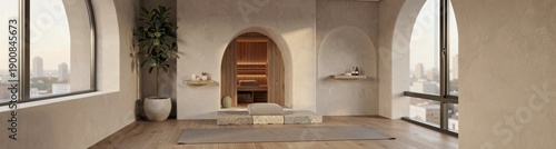 Minimalist meditation room with city view and calm neutral tones