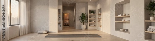Minimalist home yoga studio with sauna and natural light for relaxation