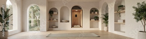 Spacious minimalist yoga studio with wooden accents and lush greenery