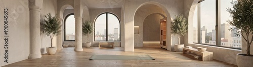 Spacious minimalist yoga studio with arched windows and city views