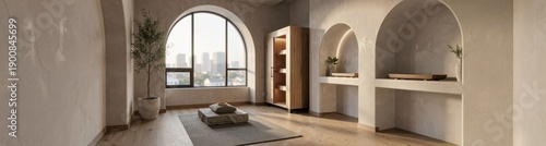 Minimalist zen living room with arched windows and wooden accents