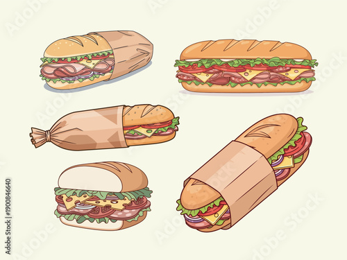 Fast Food Sandwich Illustration Set for Restaurant Menu, Cafe Branding, and Food Promotion