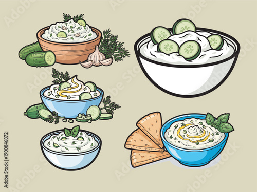 Tzatziki Sauce Illustration Set for Greek Restaurant Menu, Mediterranean Food Branding, and Recipe Design